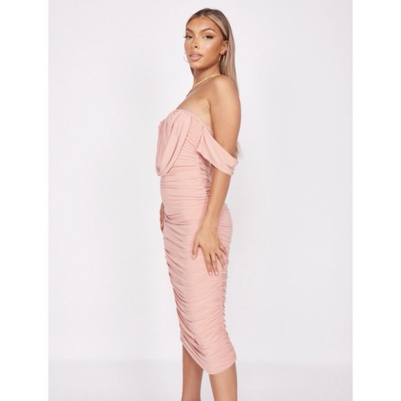 Pink Short Sleeve Off Shoulder Ruched Bodycon Midi Dress - Picture 3 of 14
